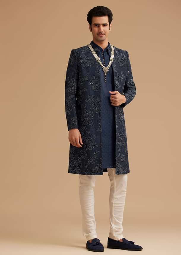 Navy Blue Silk Open Sherwani With Zardosi Embroidery Navy Blue Silk Open Sherwani With Zardosi Embroidery