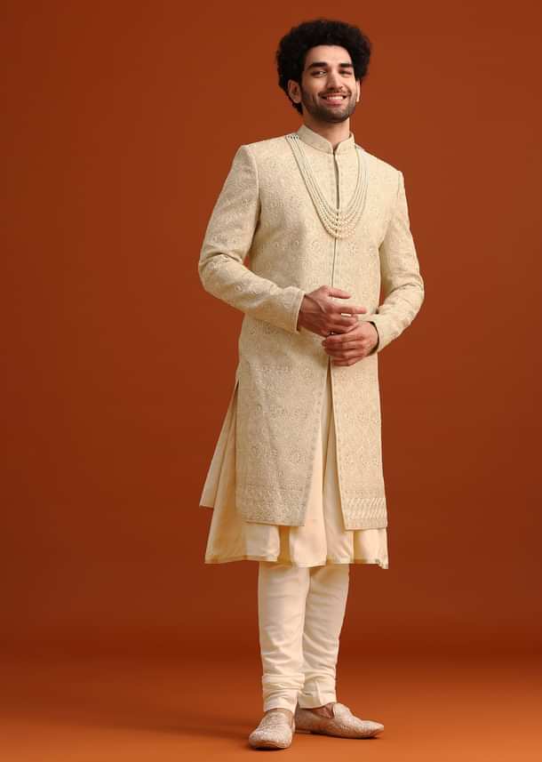 Beige Silk Embroidered Sherwani And Kurta Set With Dupatta