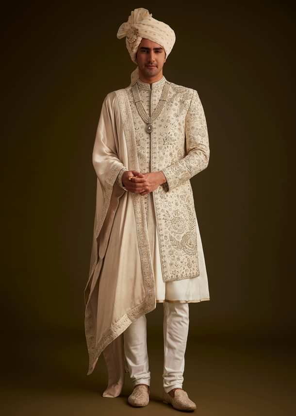 Beige Zardozi Embroidered Sherwani With Matching Dupatta