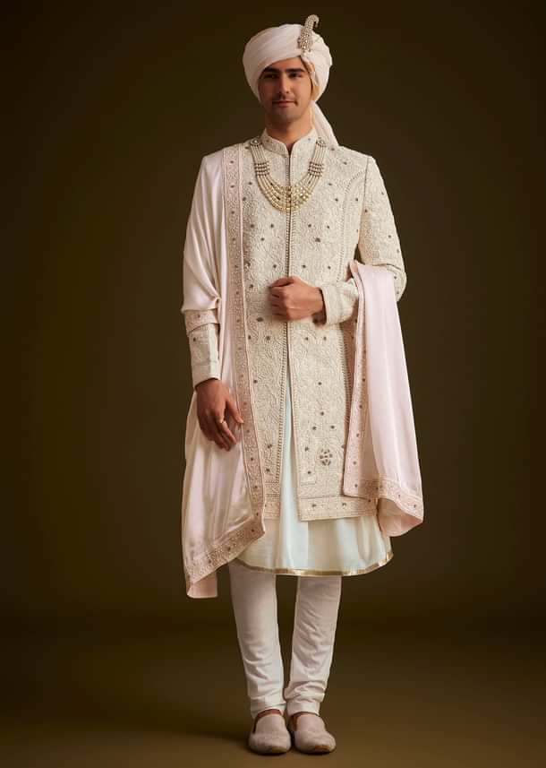 Ivory Zardozi Embroidered Sherwani With Matching Dupatta