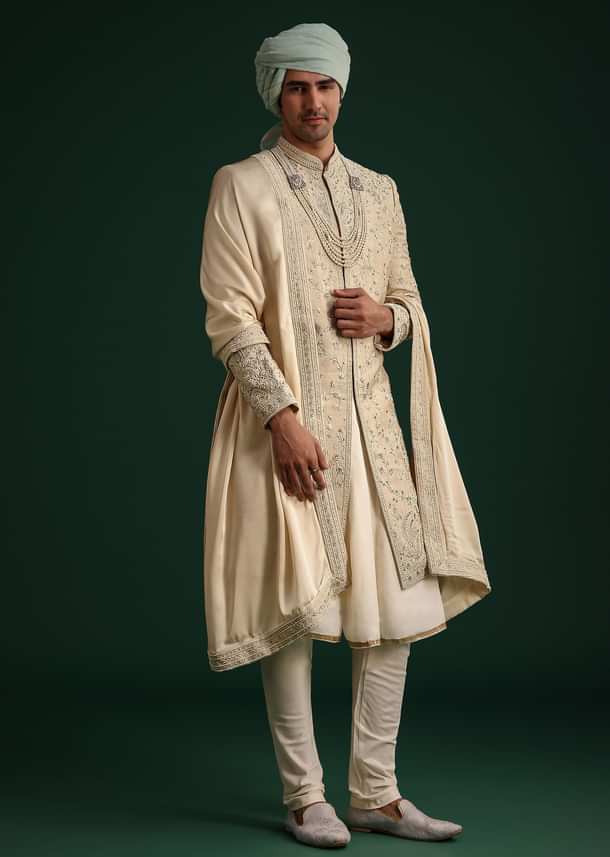 Beige Silk Sherwani Set With Zardozi Work
