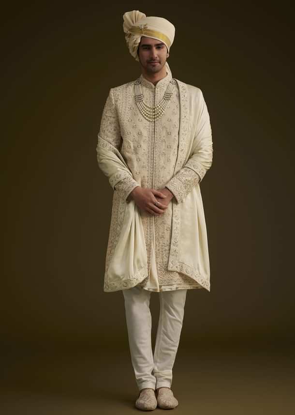 Fawn Raw Silk Sherwani Set With Zardosi Embroidery