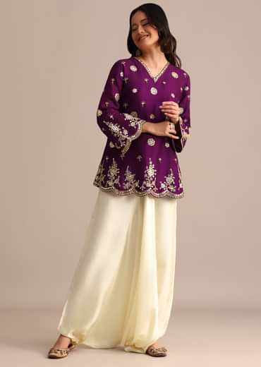 Purple Silk Mirror Embroidered Kurta Dhoti