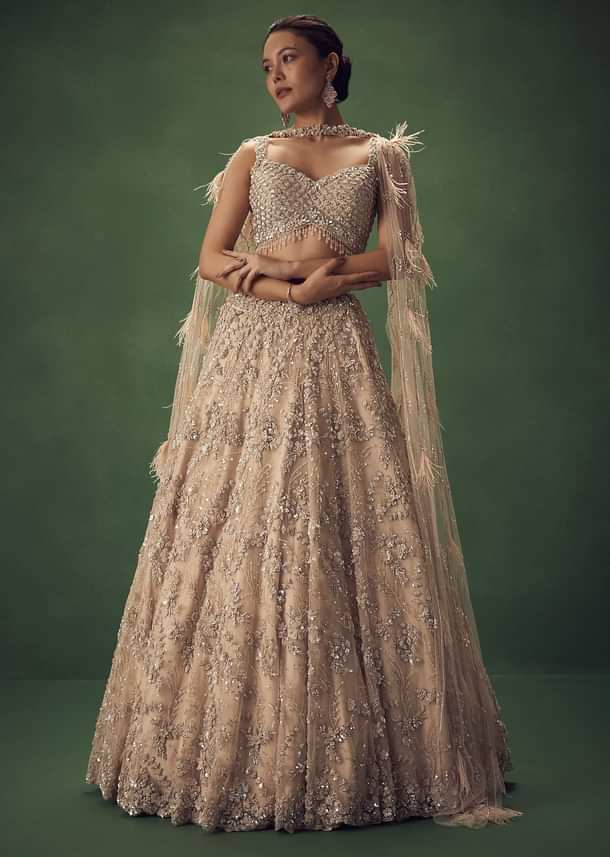 Gold Net Lehenga Set With Choker Dupatta With Feathers