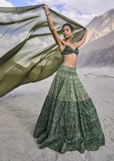 Emerald Green Heavy Crystal Cut Embroidered Lehenga With Cape