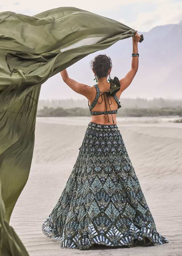 Dark Olive Green 3D Embroidered Lehenga Set With One Side Ruffle Trail