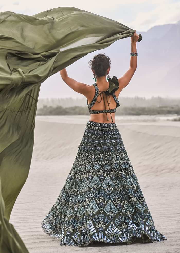 Dark Olive Green 3D Embroidered Lehenga Set With One Side Ruffle Trail