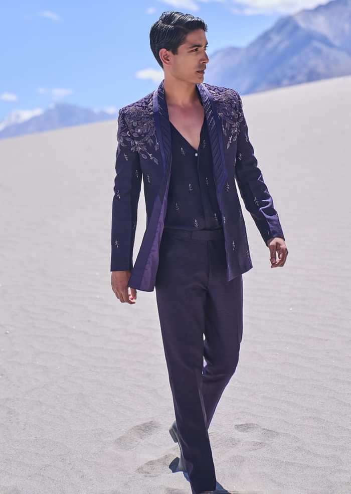 Violet Royal Hand Embroidered Tussar Tuxedo Set
