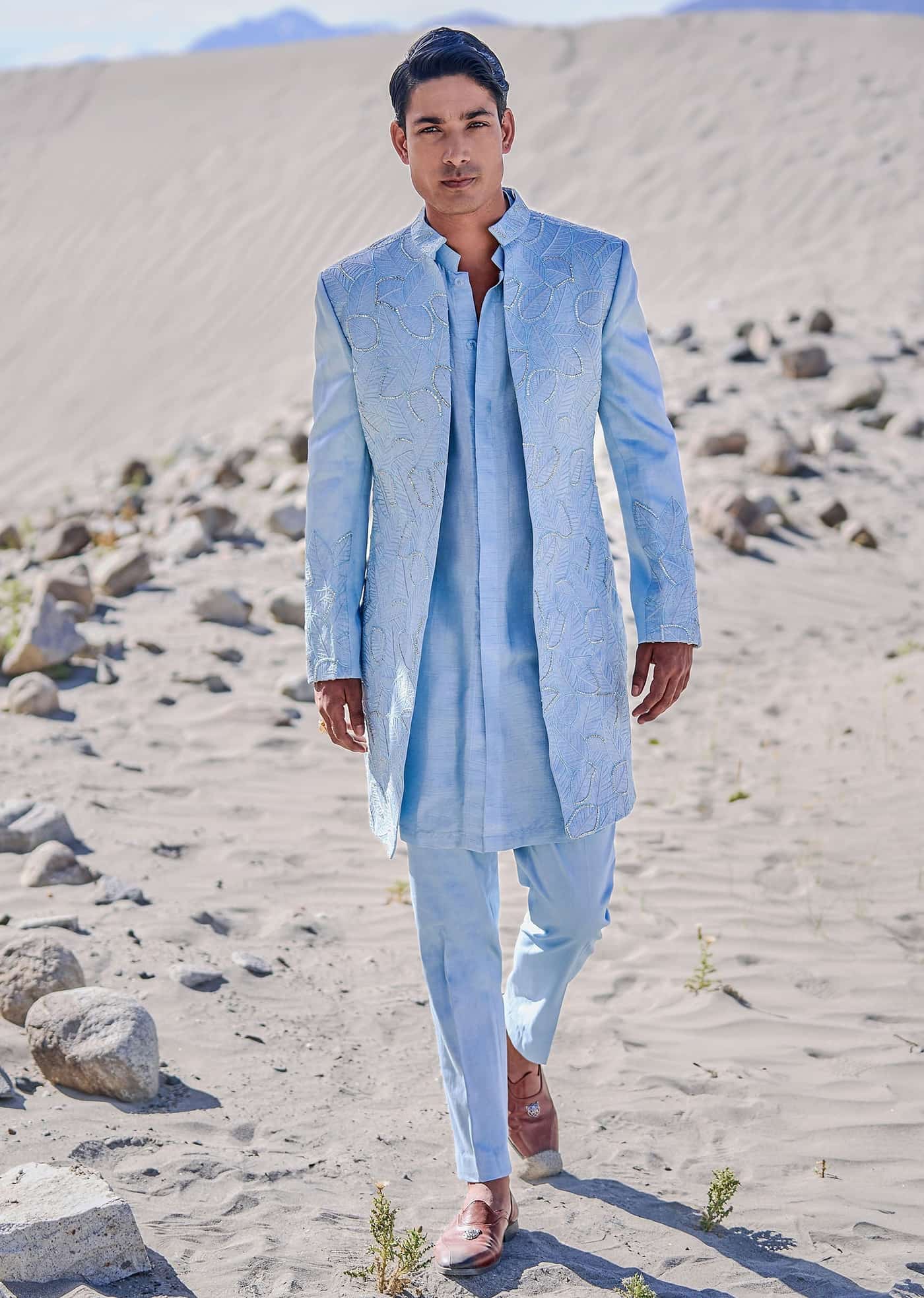 Turquoise Shirt Purple Suit Turquoise Embroidered Linen Sherwani