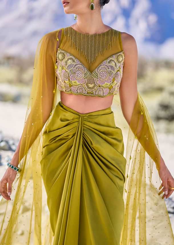 Green Satin Drape Skirt With Embroidered Blouse And Net Cape