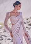 Beige Satin Pre Draped Saree With Embroidered Corset Blouse