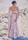 Beige Satin Pre Draped Saree With Embroidered Corset Blouse