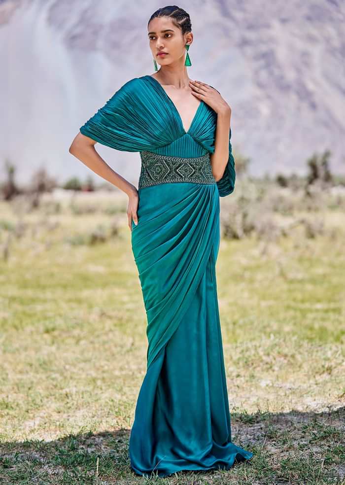 Peacock Green Embroidered Pre Draped Gown With Kimono Sleeves