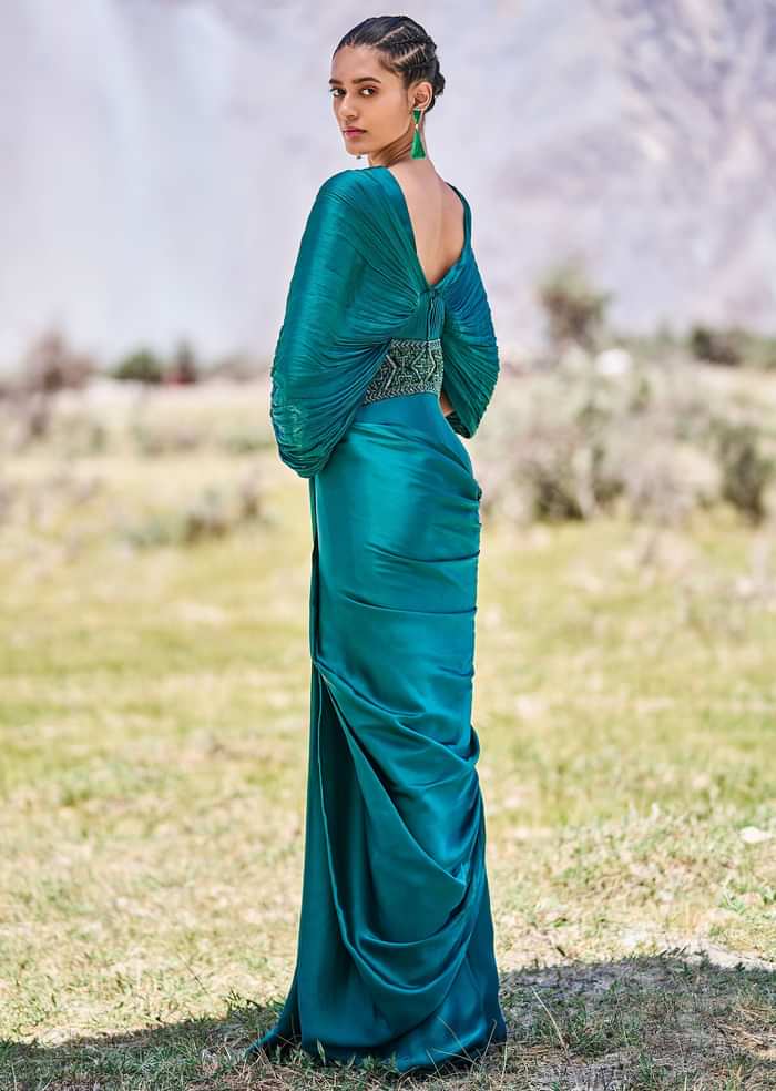 Peacock Green Embroidered Pre Draped Gown With Kimono Sleeves