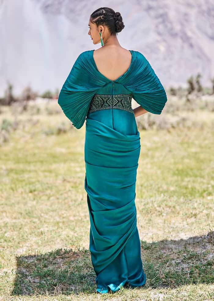 Peacock Green Embroidered Pre Draped Gown With Kimono Sleeves