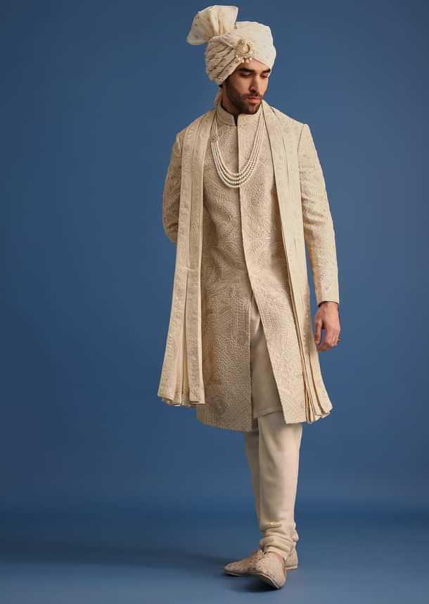 Gold Raw Silk Sherwani Suit With Hand Work