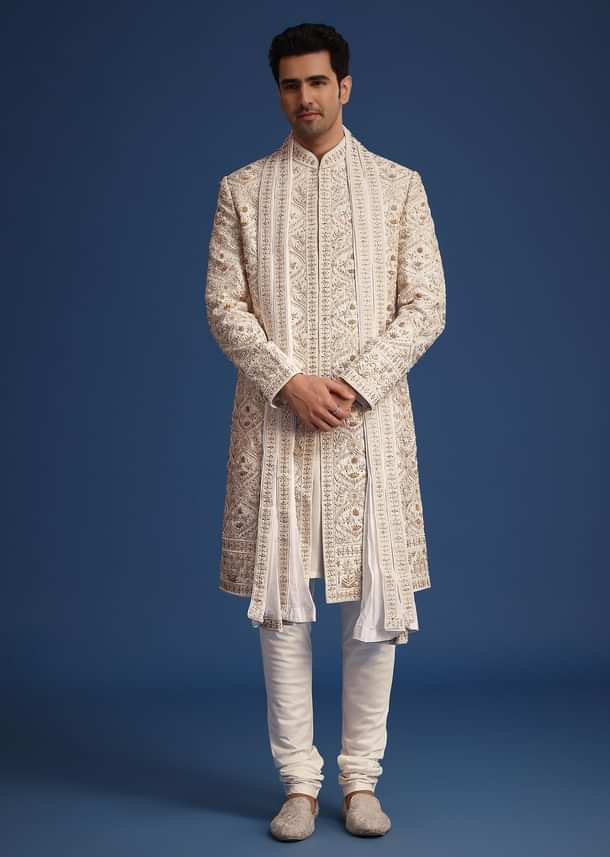 Off White Raw Silk Sherwani Set With Hand Work