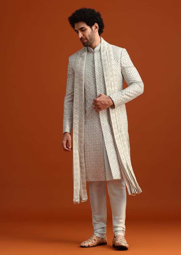 Light Blue Heavy Work Sherwani Set With Dupatta