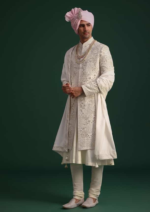 Off White Raw Silk Hand Embroidered Sherwani Dupatta Set