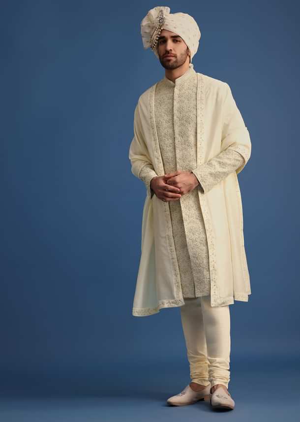 Cream Silk Sherwani Suit With Hand Work