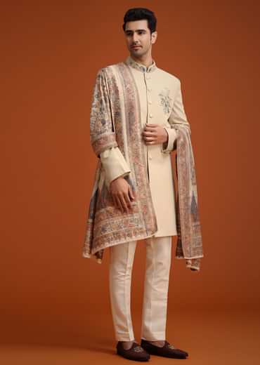 Beige Hand Embroidered Indo Western Set With Dupatta