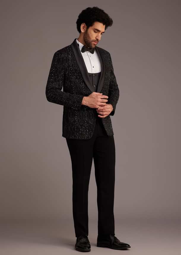 Black Tuxedo With Embellished Jacket And Satin Lapel