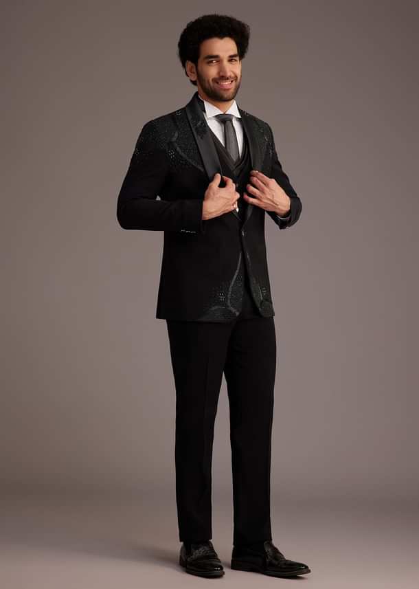 Black Tuxedo With Beaded Shoulder Detailing And Satin Lapel Black Tuxedo With Beaded Shoulder Detailing And Satin Lapel