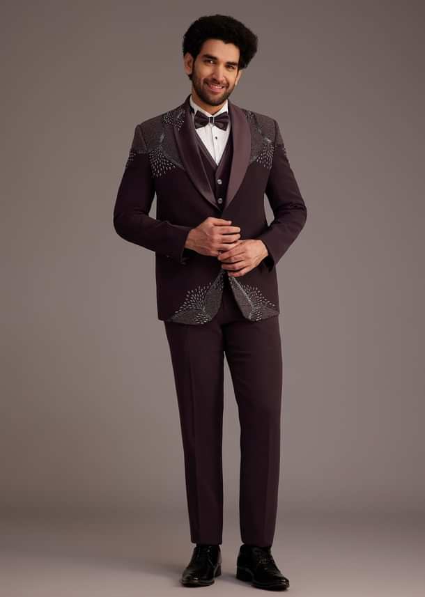 Wine Tuxedo With Beaded Detailing And Satin Peak Lapel Wine Tuxedo With Beaded Detailing And Satin Peak Lapel