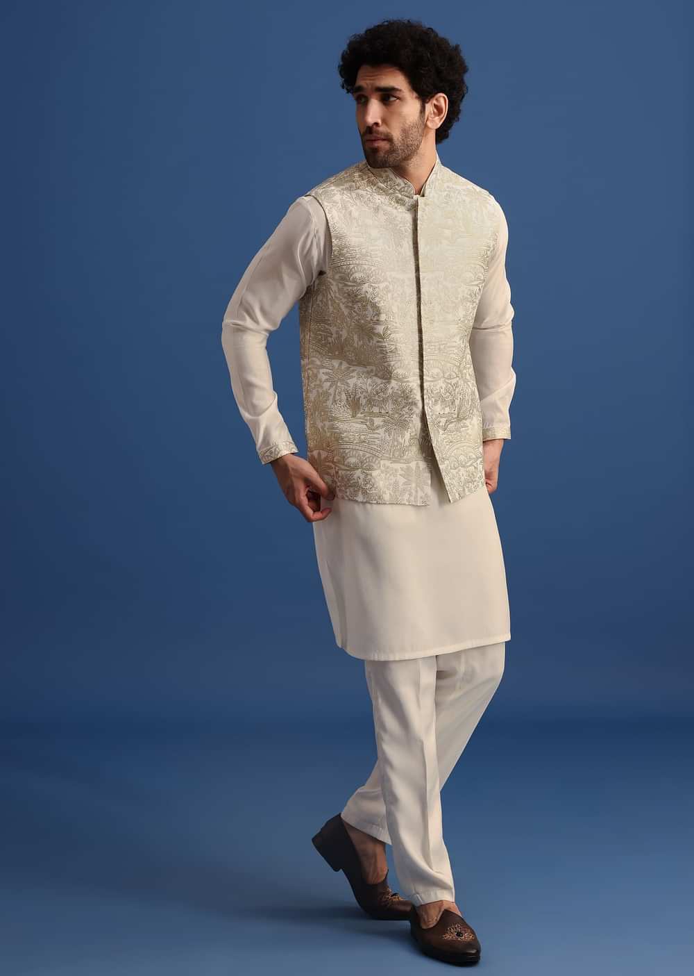 Ivory Embroidered Silk Kurta Jacket Set For Men