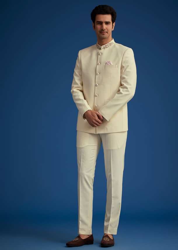 Cream Jodhpuri Suit With Handwork Collar Cream Jodhpuri Suit With Handwork Collar