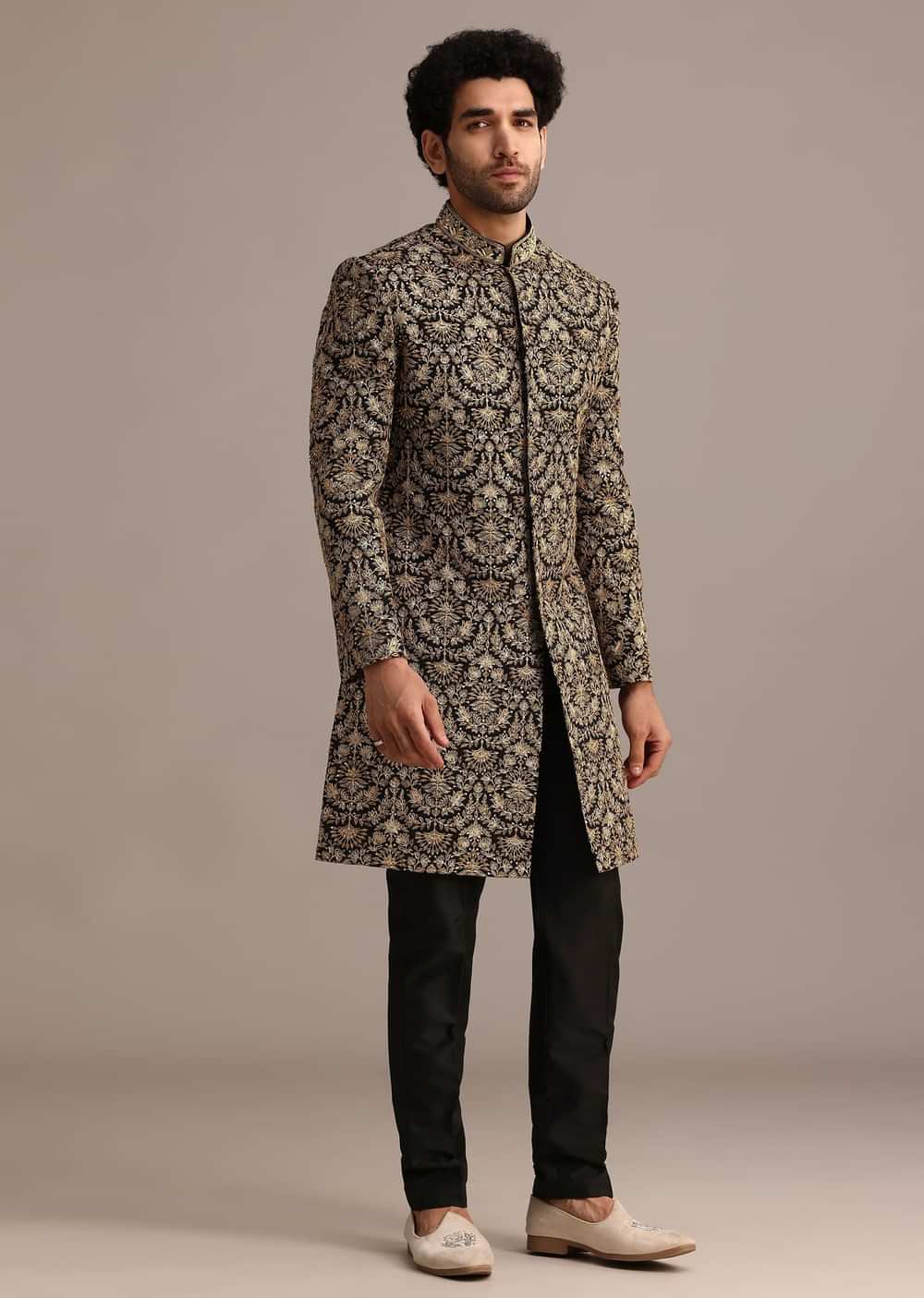 Gold Hand Embroidered Silk Sherwani Suit