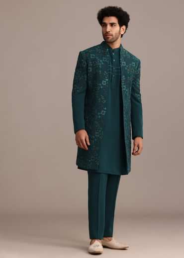 Green Hand Embroidered Indo Western Suit