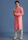 Pink Silk Printed Kurta Set With Mandarin Collar
