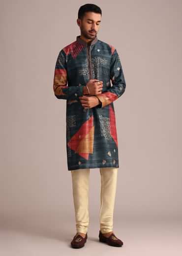 Multicolor Tussar Silk Printed Kurta Set