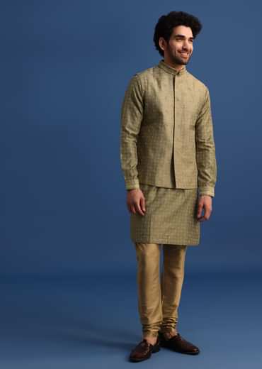 Olive Green Kurta Jacket Set With Hand Work For Men