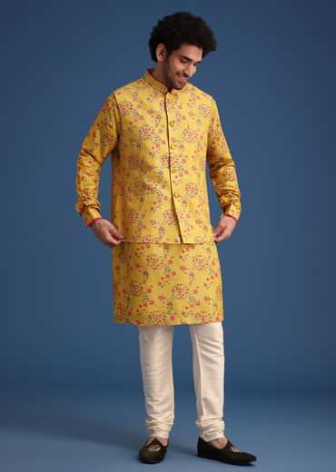 Musturd Thread Work Kurta Jacket Set