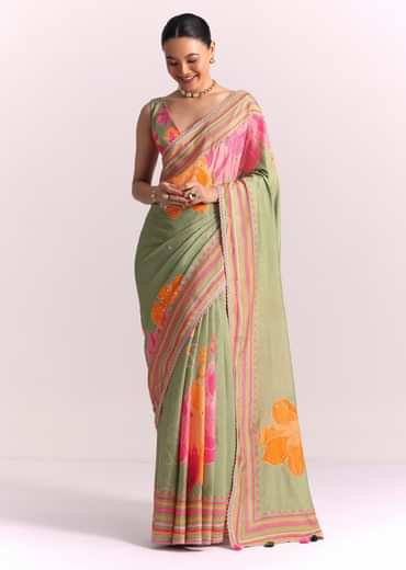 Green Floral Print Saree with Mirror Work