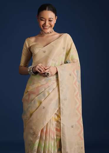 Gold Handloom Tissue Chanderi Rangkart Saree with Zardosi Work