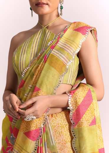 Green Muslin Printed Saree with Mirror Work
