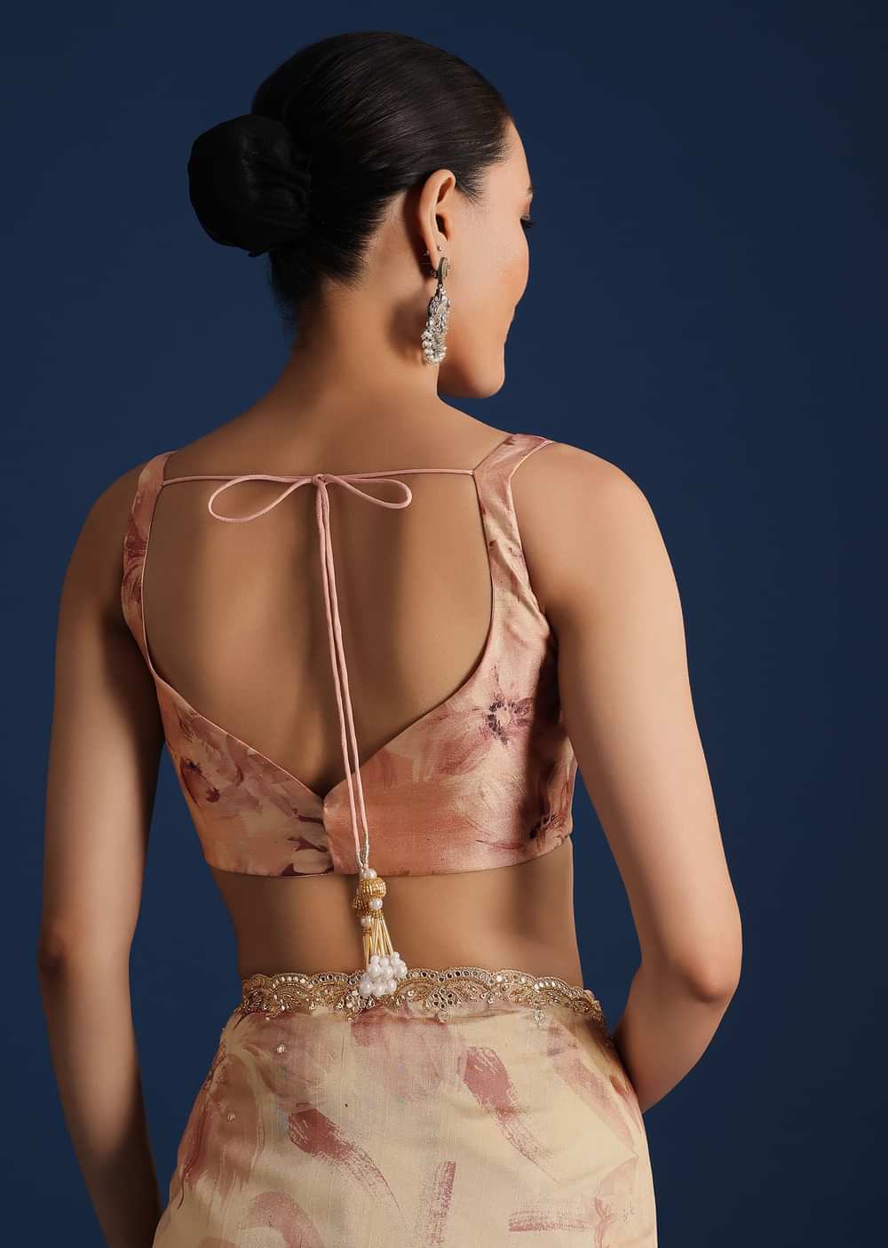 Peach Tussar Silk Floral Printed Saree With Mirror Embroidery