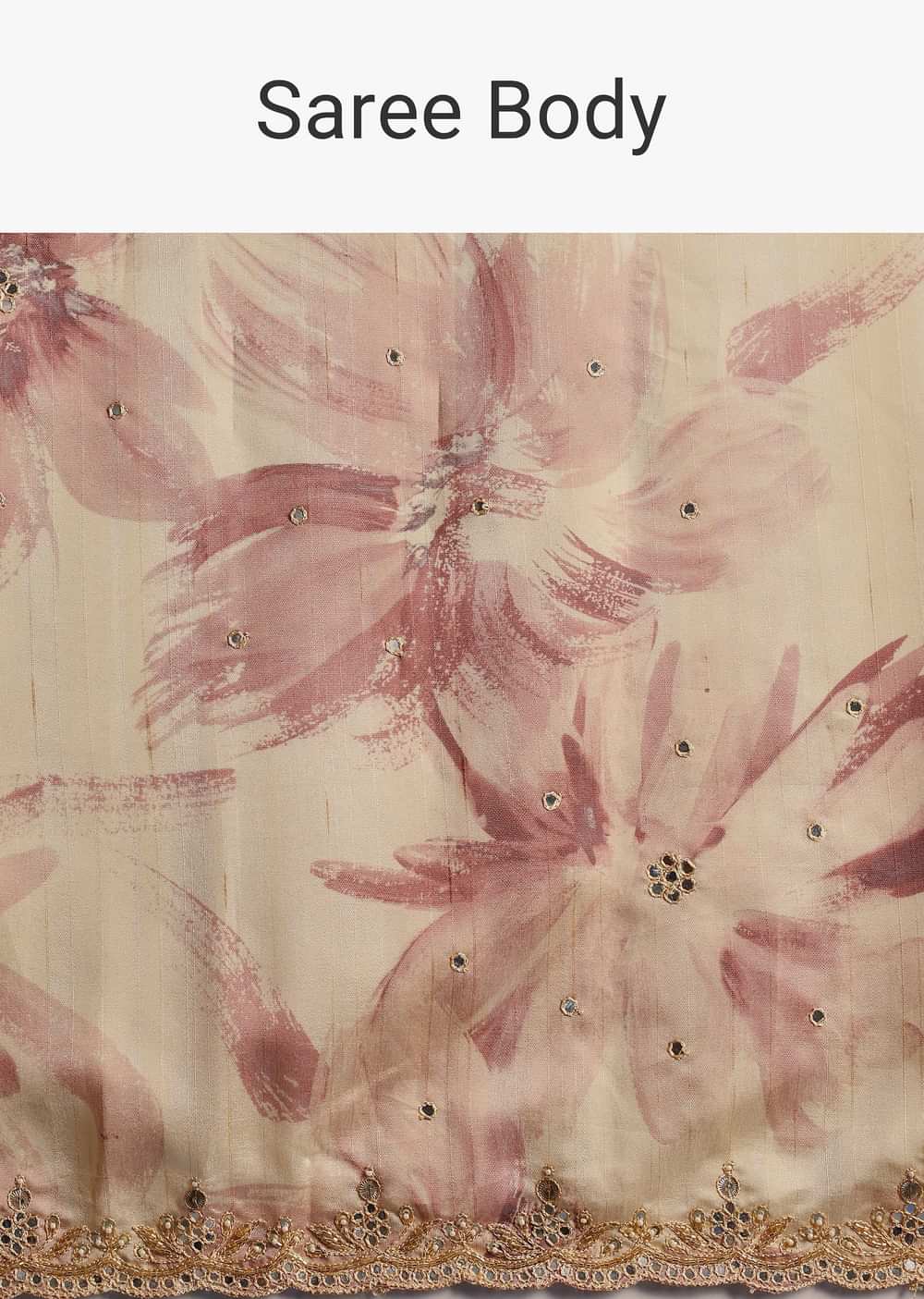 Peach Tussar Silk Floral Printed Saree With Mirror Embroidery