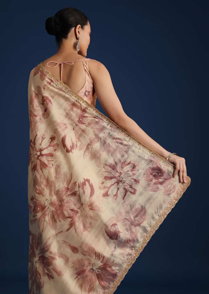 Peach Tussar Silk Floral Printed Saree With Mirror Embroidery