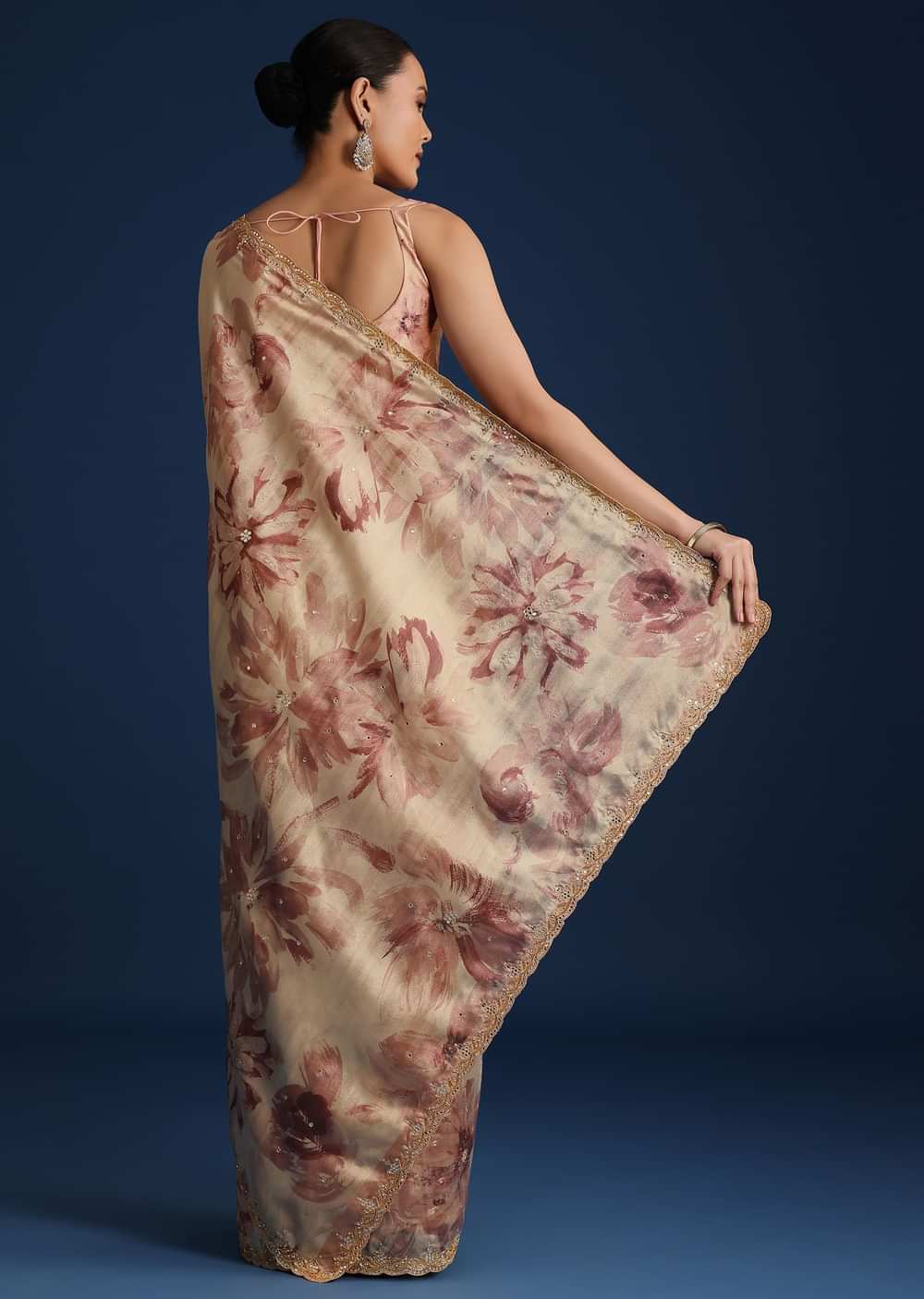 Peach Tussar Silk Floral Printed Saree With Mirror Embroidery
