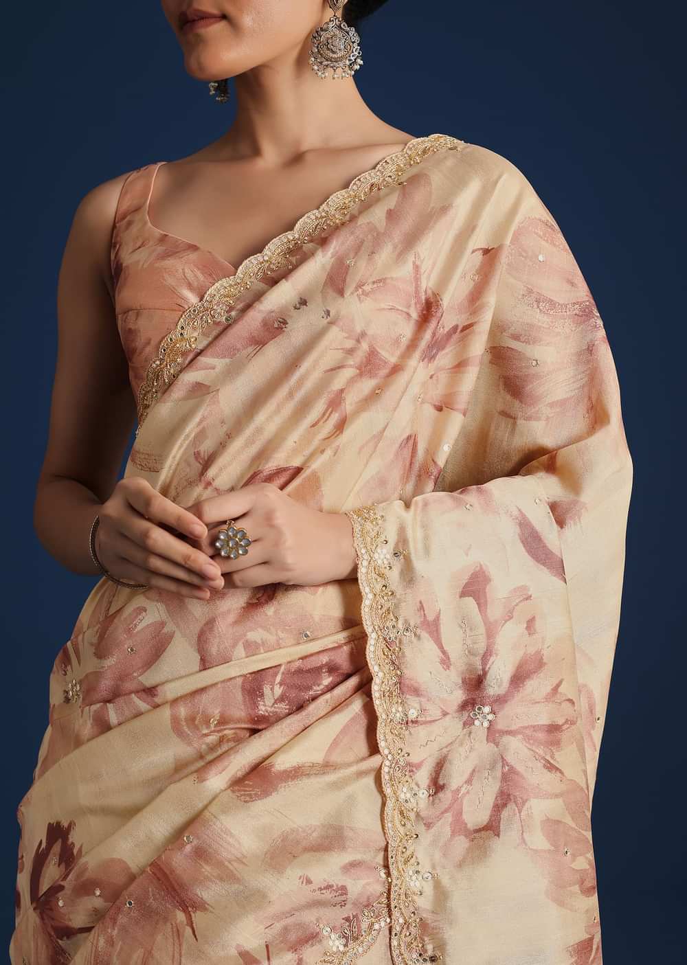 Peach Tussar Silk Floral Printed Saree With Mirror Embroidery