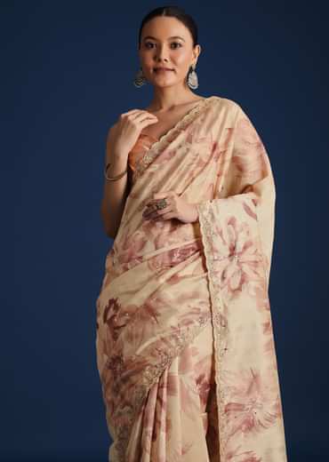 Peach Tussar Silk Floral Printed Saree With Mirror Embroidery