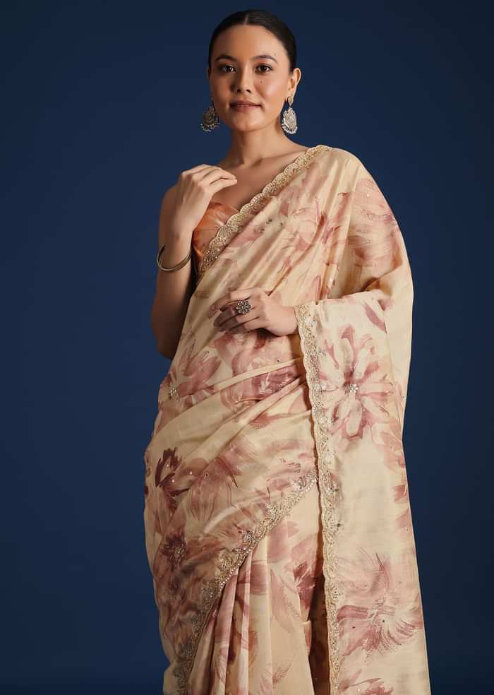 Peach Tussar Silk Floral Printed Saree With Mirror Embroidery