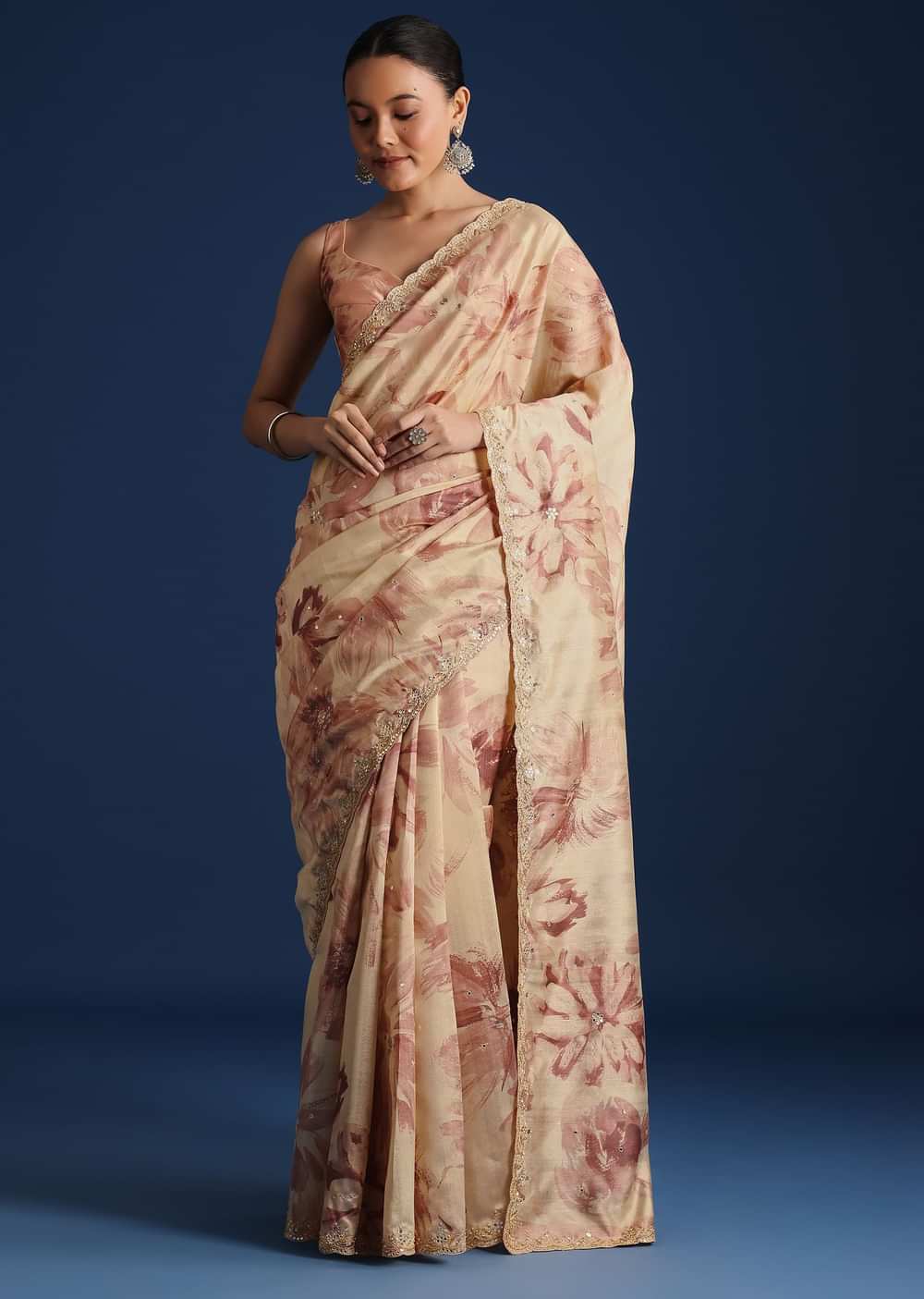 Peach Tussar Silk Floral Printed Saree With Mirror Embroidery