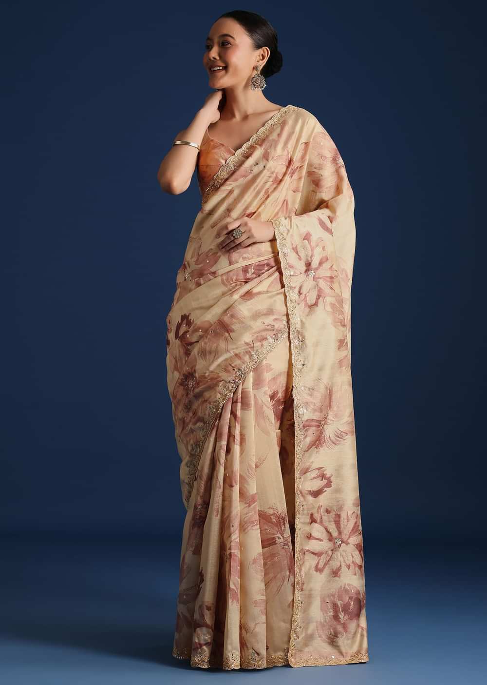 Peach Tussar Silk Floral Printed Saree With Mirror Embroidery