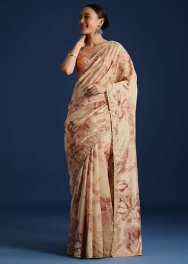 Peach Tussar Silk Floral Printed Saree With Mirror Embroidery