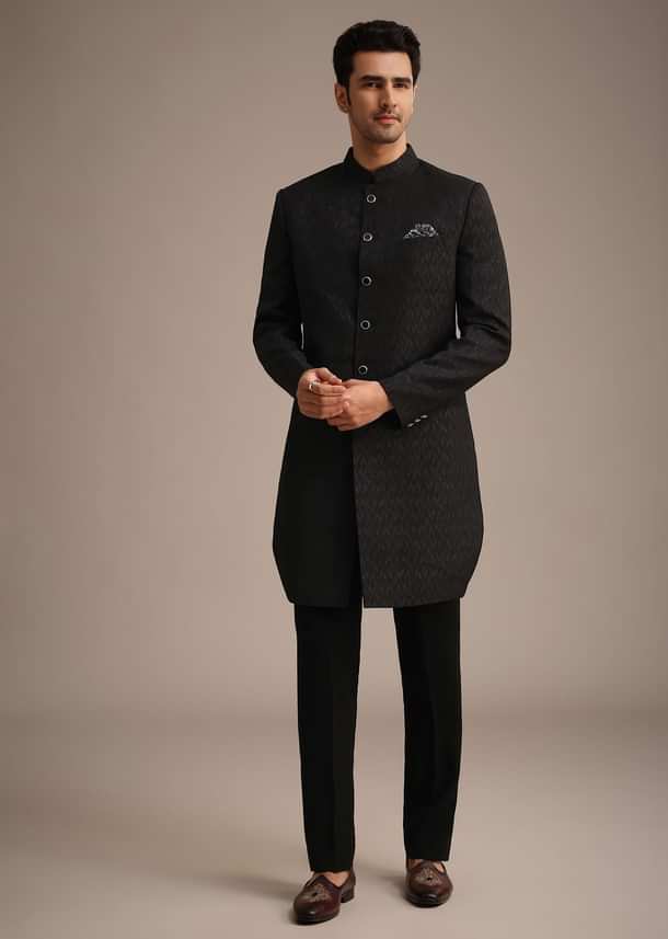 Black Jacquard Silk Indowestern Set